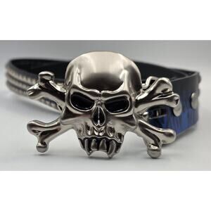 Skull Crossbones Buckle Leather Belt Size‎ 38 Studded Blue Flames Grunge Goth